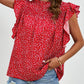 Ruffled Ditsy Floral Mock Neck Cap Sleeve Blouse