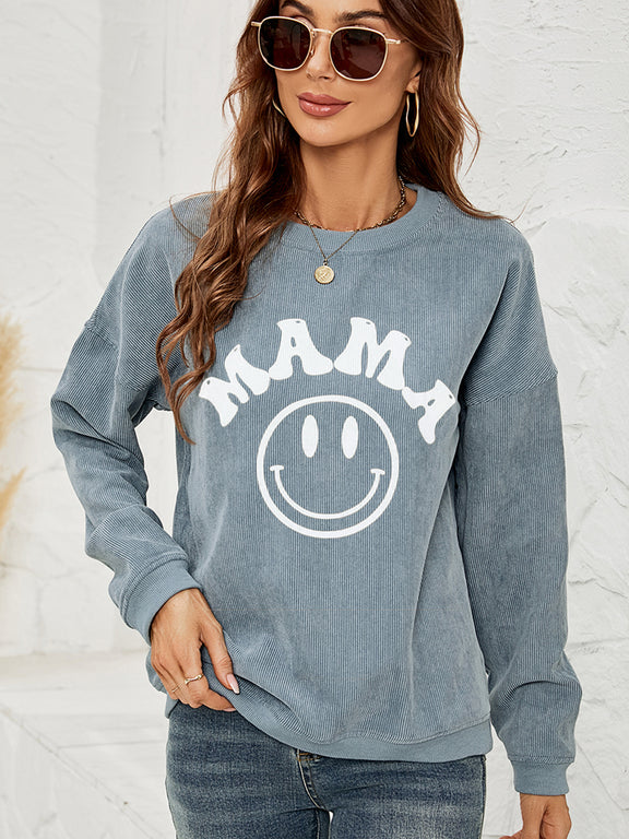 Round Neck Long Sleeve MAMA Graphic Sweatshirt French Blue
