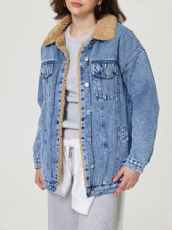Button Up Collared Neck Plush Denim Jacket Light