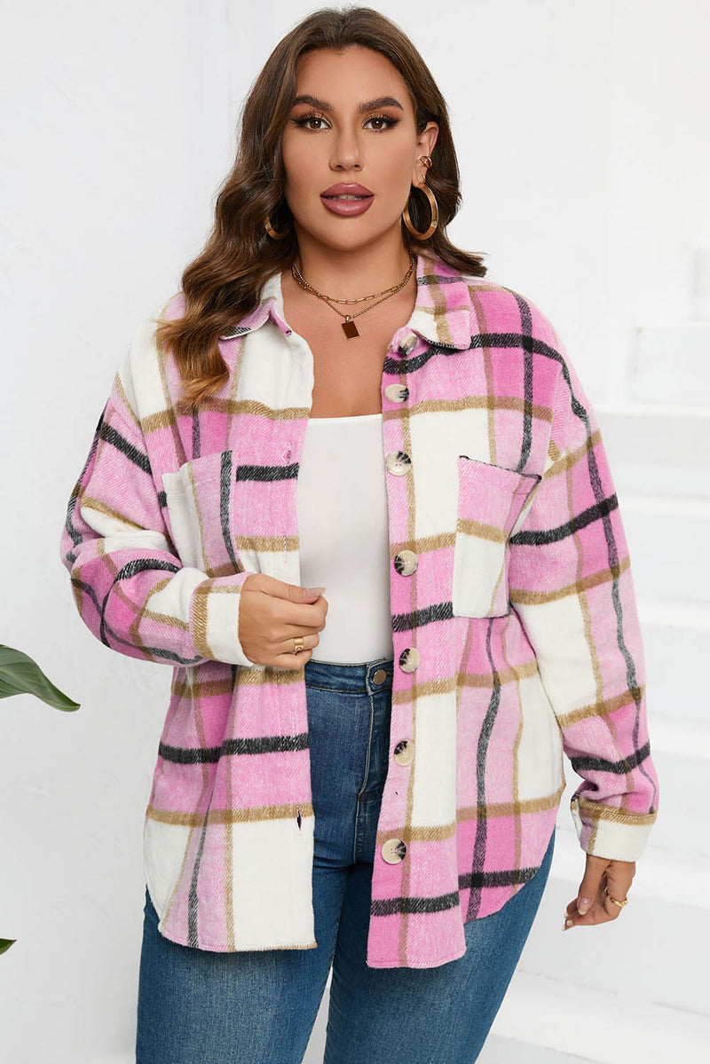 Plaid Button Up Dropped Shoulder Jacket Pink