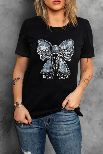 Bow Round Neck Short Sleeve T-Shirt Black