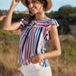 Honey Striped Flutter Sleeve Tied Blouse