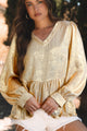 Frill Peplum V-Neck Long Sleeve Blouse Gold