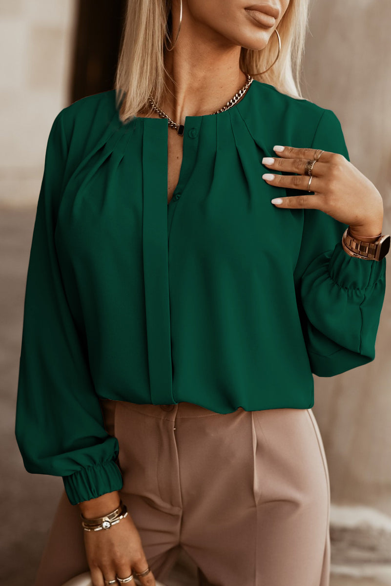 Button Up Round Neck Long Sleeve Shirt Green