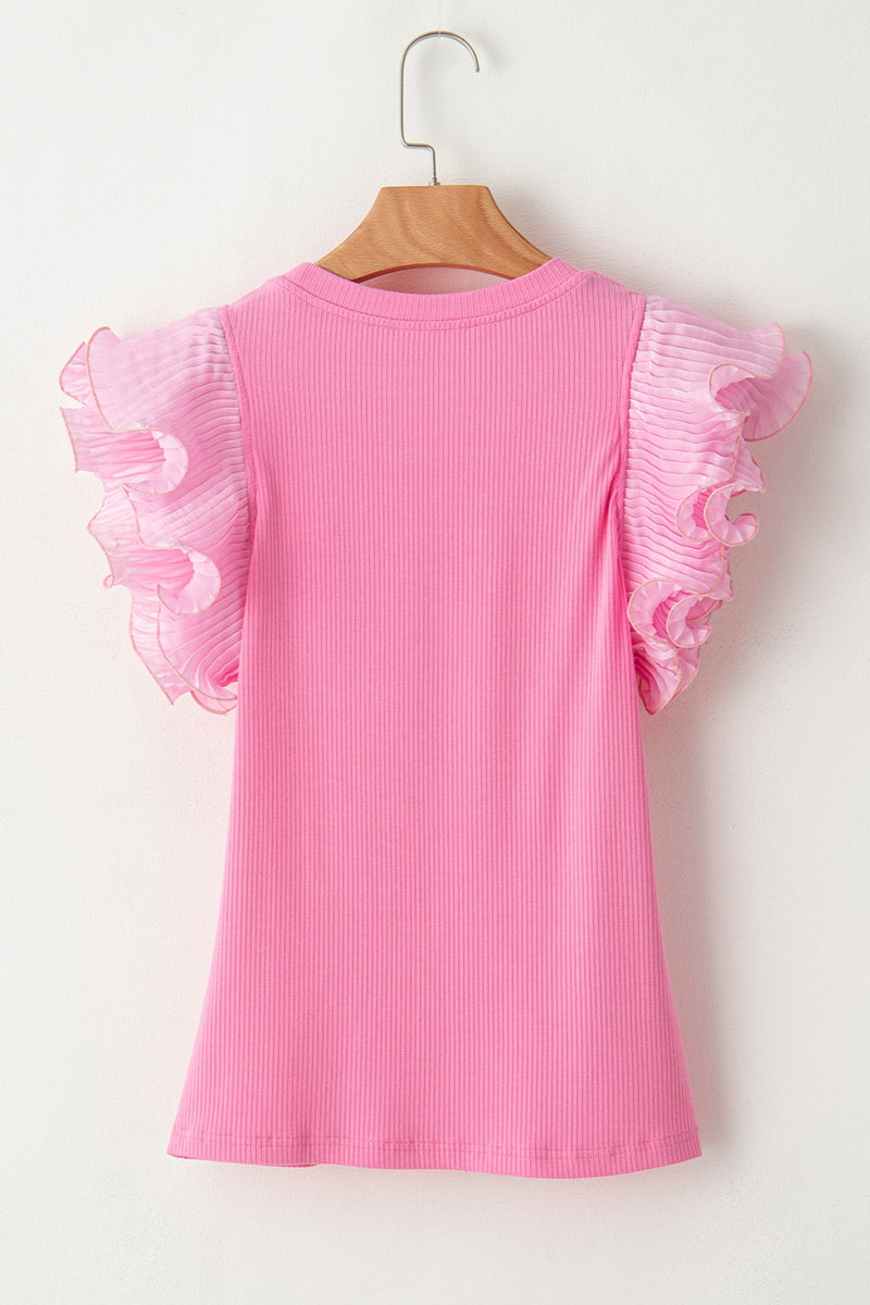 Ruffled Round Neck Cap Sleeve Top