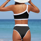 Contrast Trim Ribbed One-Shoulder Bikini Set