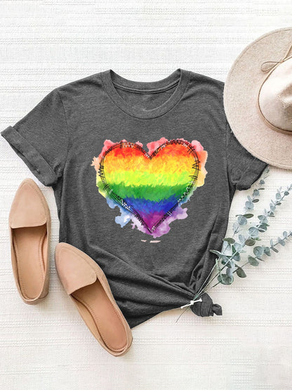 Heart Graphic Round Neck Short Sleeve T-Shirt Dark Gray