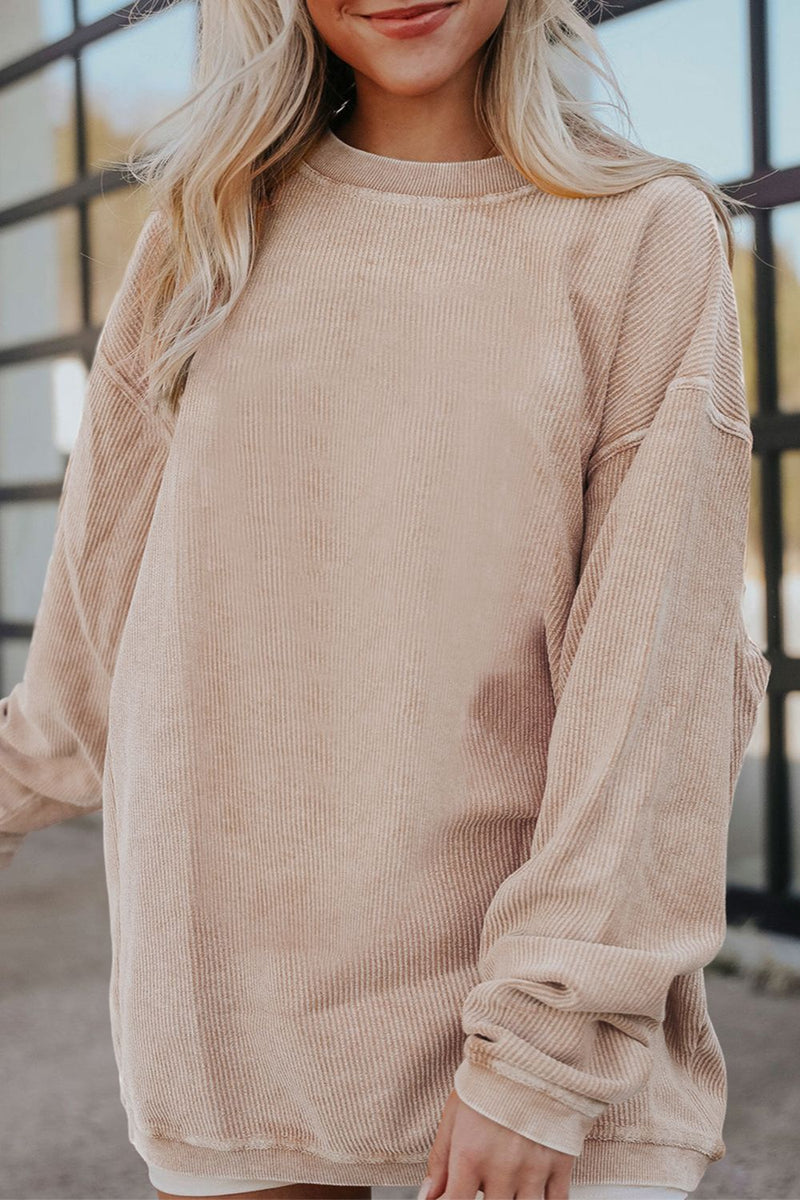 Ribbed Round Neck Drop Shoulder Sweatshirt Khaki