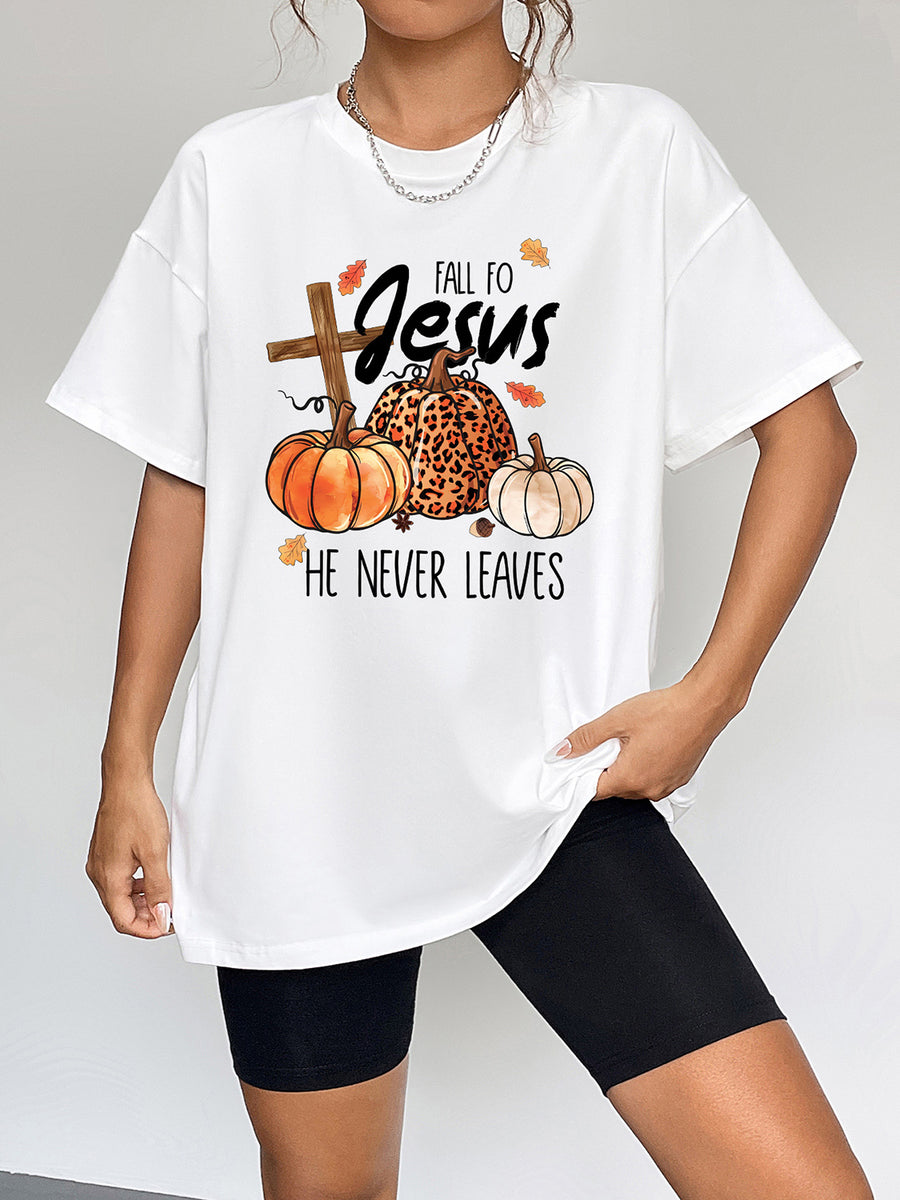 Round Neck Short Sleeve Fall Season Graphic T-Shirt White