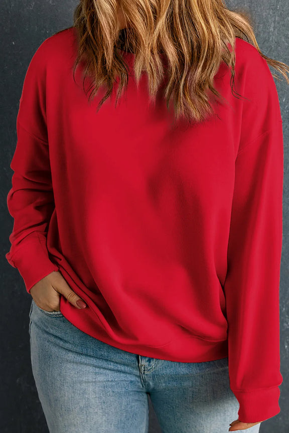 Plus Size Round Neck Long Sleeve Sweatshirt Deep Red