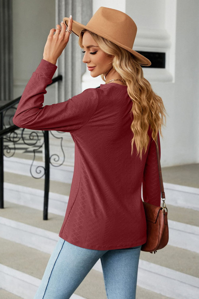 Notched Neck Long Sleeve Buttoned Blouse