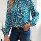 Cutout Printed Mock Neck Balloon Sleeve Blouse