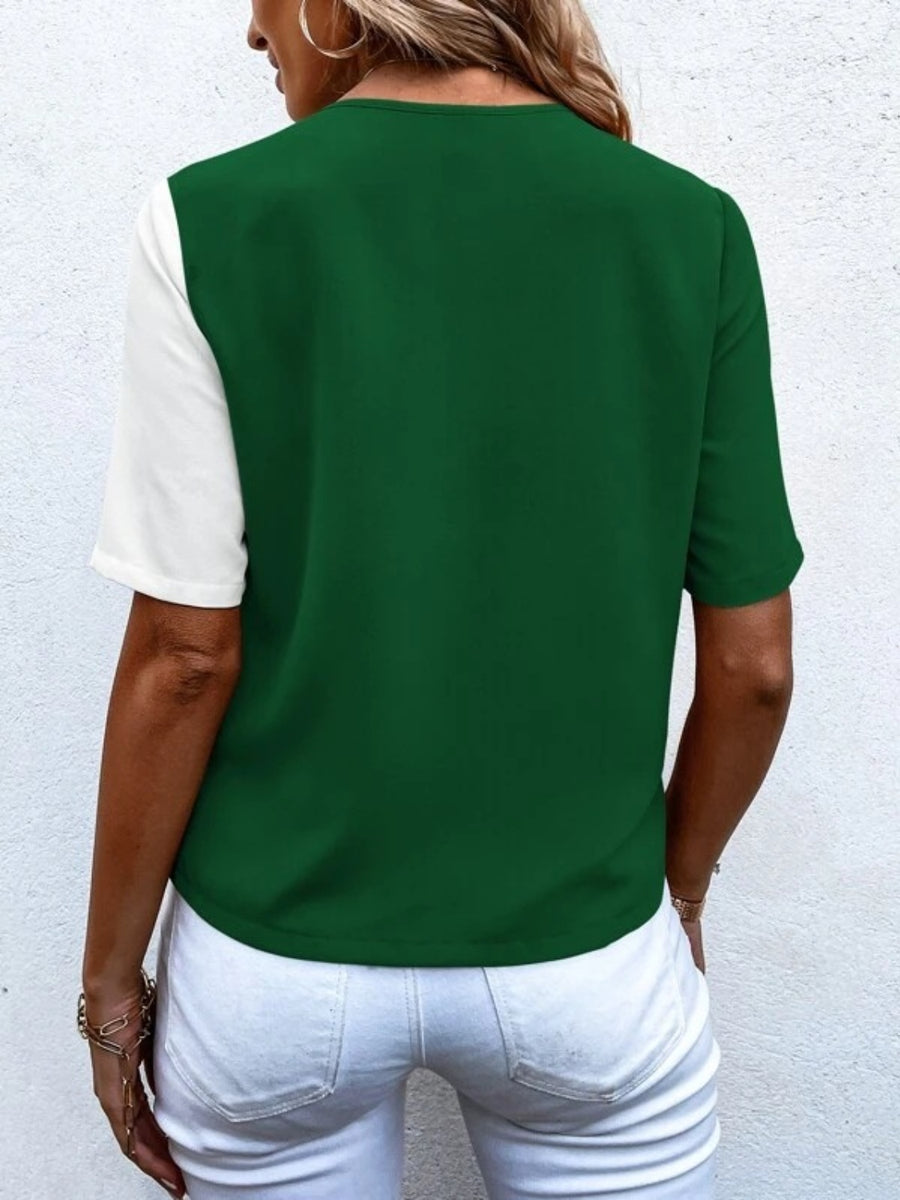 Decorative Button Surplice Short Sleeve Blouse Dark Green