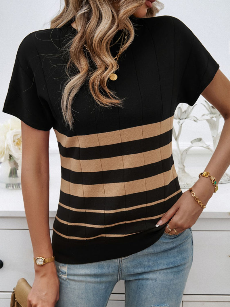 Devine Striped Round Neck Short Sleeve Knit Top