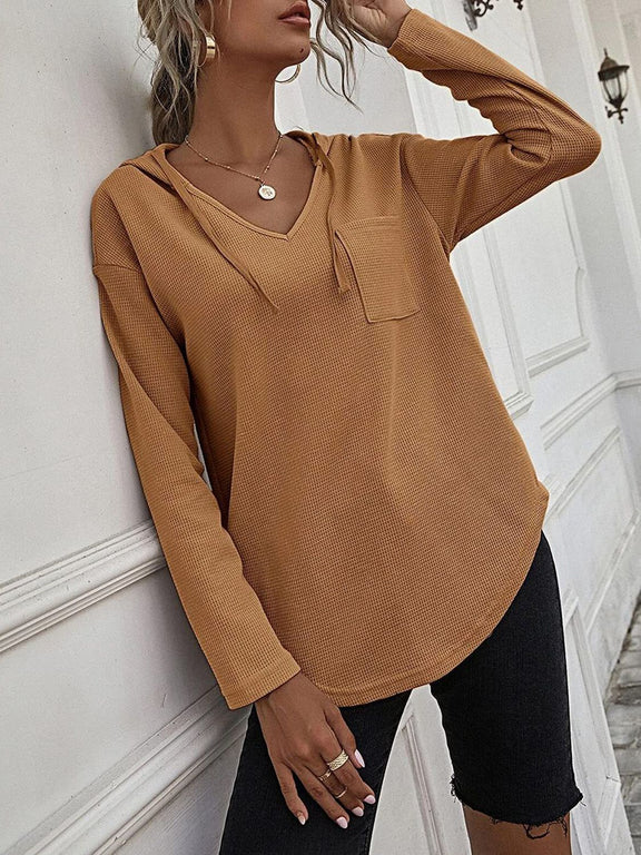 Drawstring Waffle Knit Long Sleeve Hooded Top Mustard