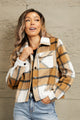 Plaid Collared Neck Jacket with Breast Pockets Camel