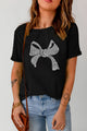 Rhinestone Bow Graphic Round Neck Short Sleeve T-Shirt Black