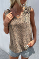 Perfee Leopard Frill Trim V-Neck Tank Khaki
