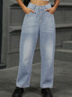 Half Elastic Waist Straight Leg Jeans Light