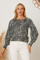 Printed Tie Neck Lantern Sleeve Blouse Black