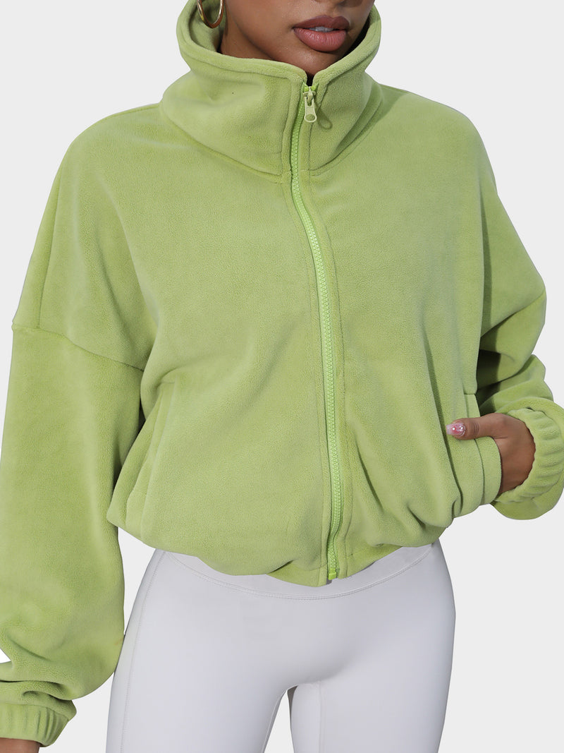 Drawstring Turtleneck Zip Up Long Sleeve Jacket Lime