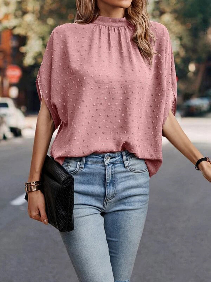 Swiss Dot Mock Neck Half Sleeve Blouse Dusty Pink