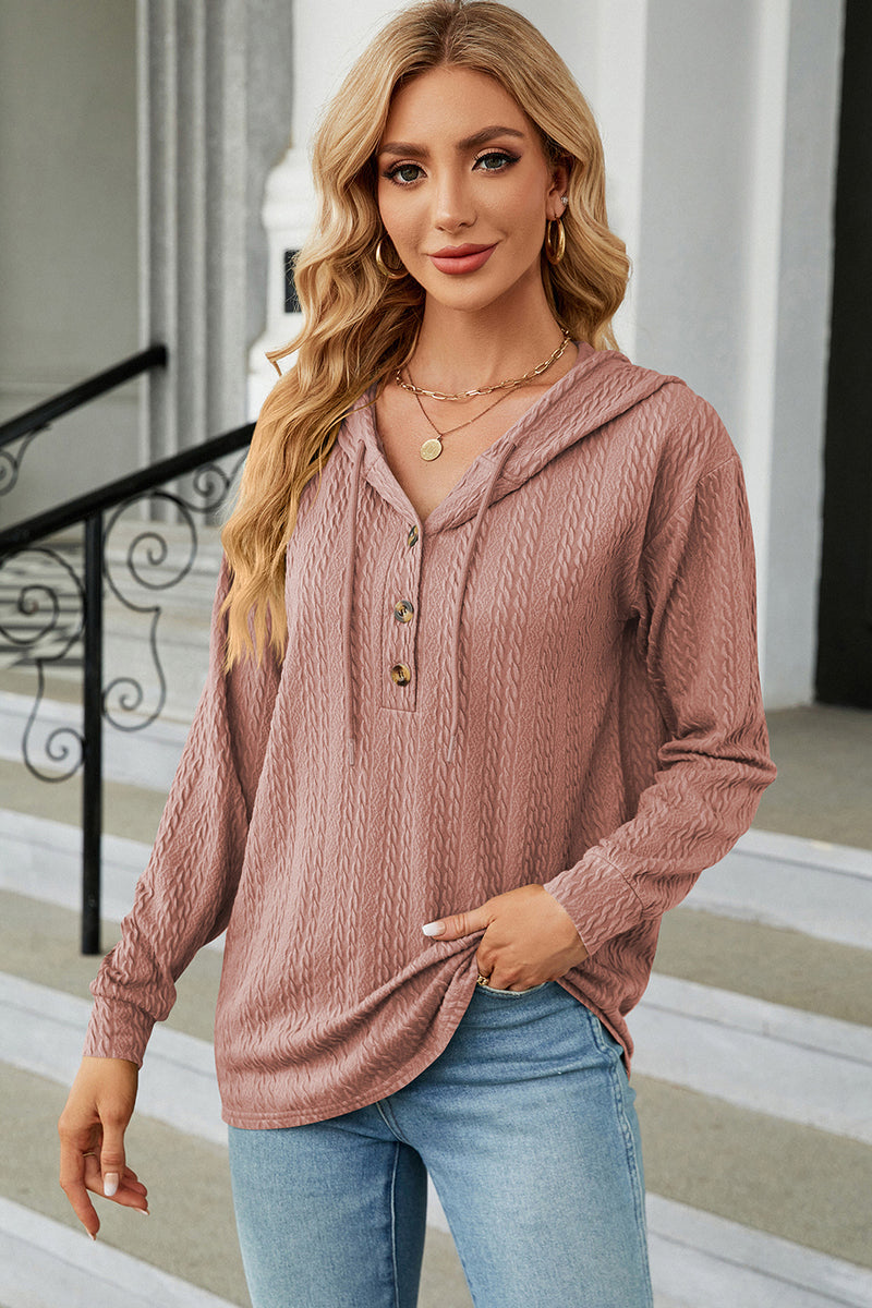 Drawstring Half Button Long Sleeve Hoodie Dusty Pink