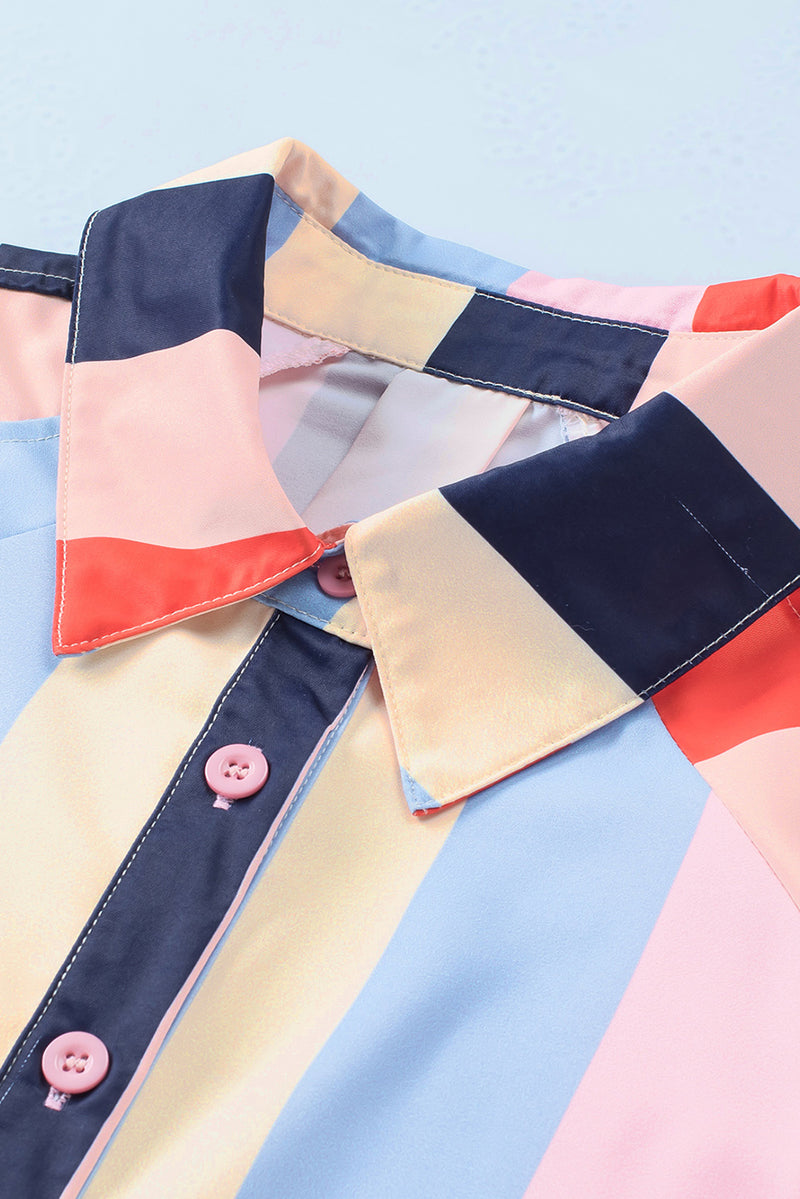 Color Block Button Up Balloon Sleeve Shirt