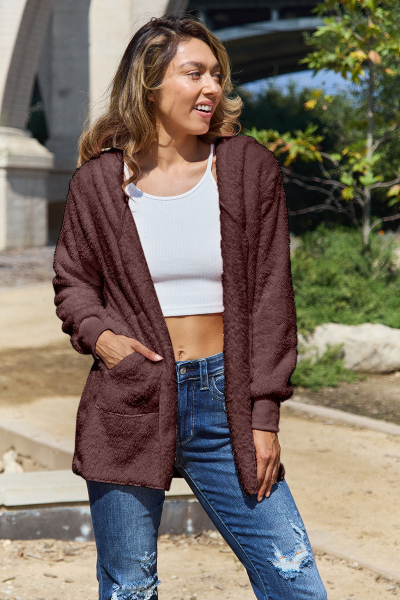 Full Size Teddy Hooded Jacket with Pockets Brown
