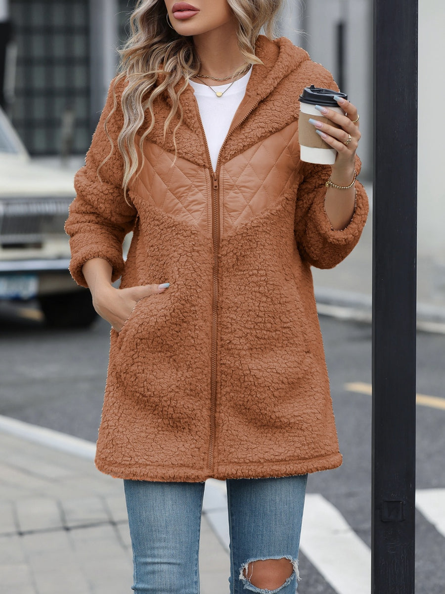 Fuzzy Zip Up Long Sleeve Hooded Jacket Caramel