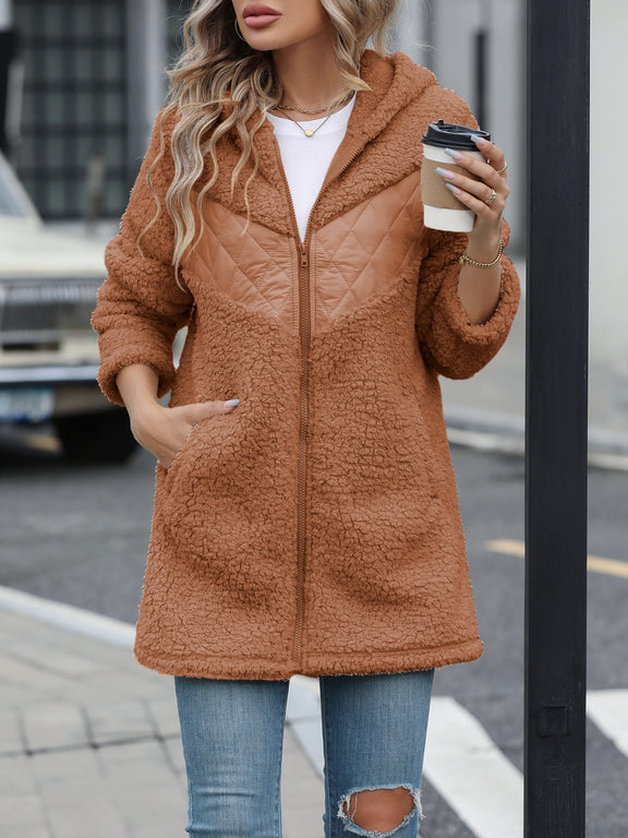 Fuzzy Zip Up Long Sleeve Hooded Jacket Caramel