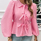 Devine Tied Round Neck Long Sleeve Blouse