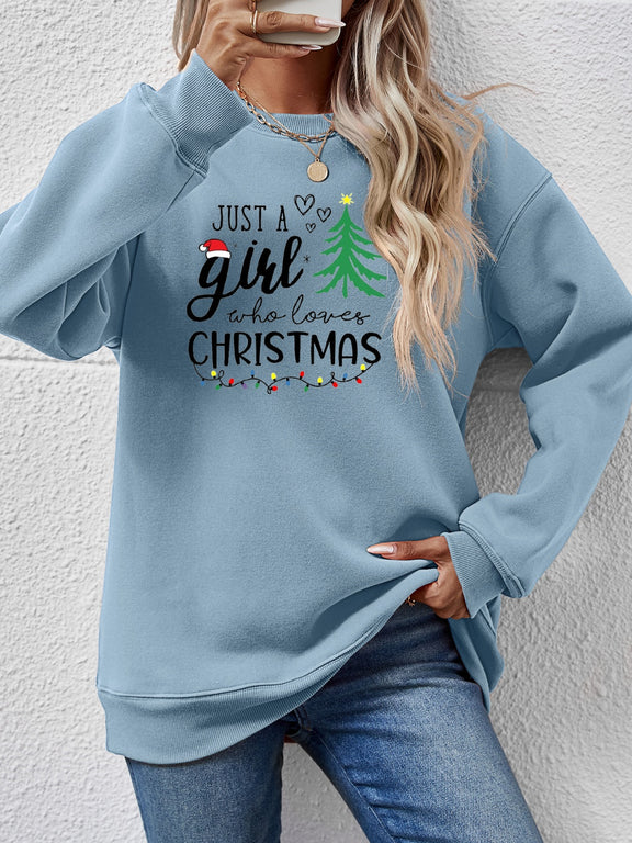 Letter Graphic Round Neck Sweatshirt Misty Blue