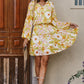 Floral Frill Trim Puff Sleeve Notched Neck Dress