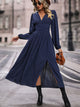 V-Neck Long Sleeve Pleated Slit Dress Dark Blue