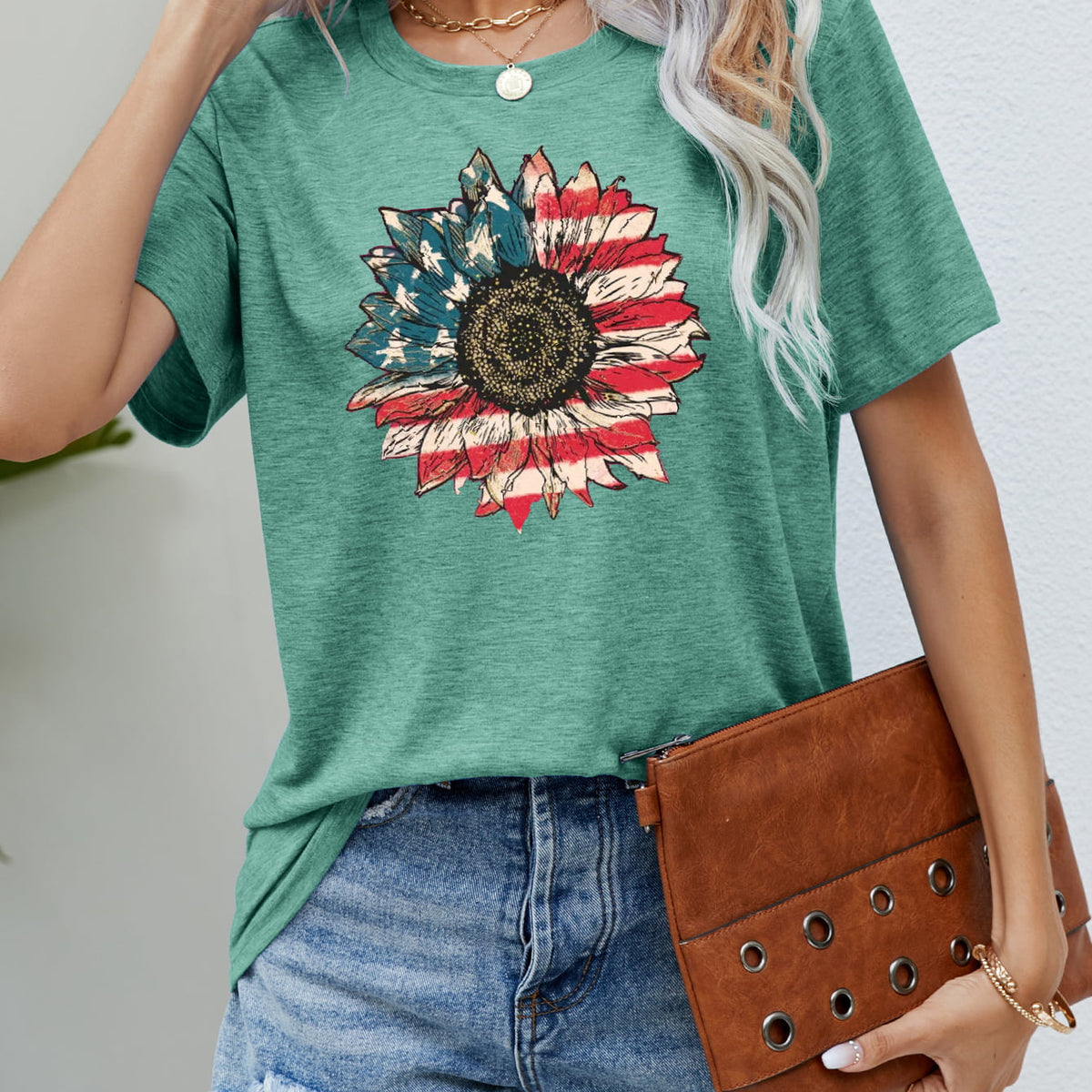 US Flag Flower Graphic Tee Gum Leaf