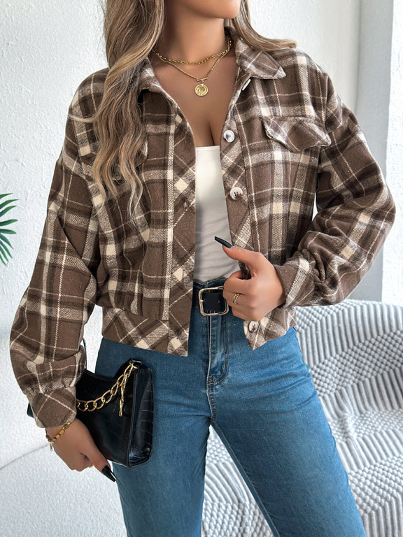 Plaid Button Up Long Sleeve Jacket Taupe