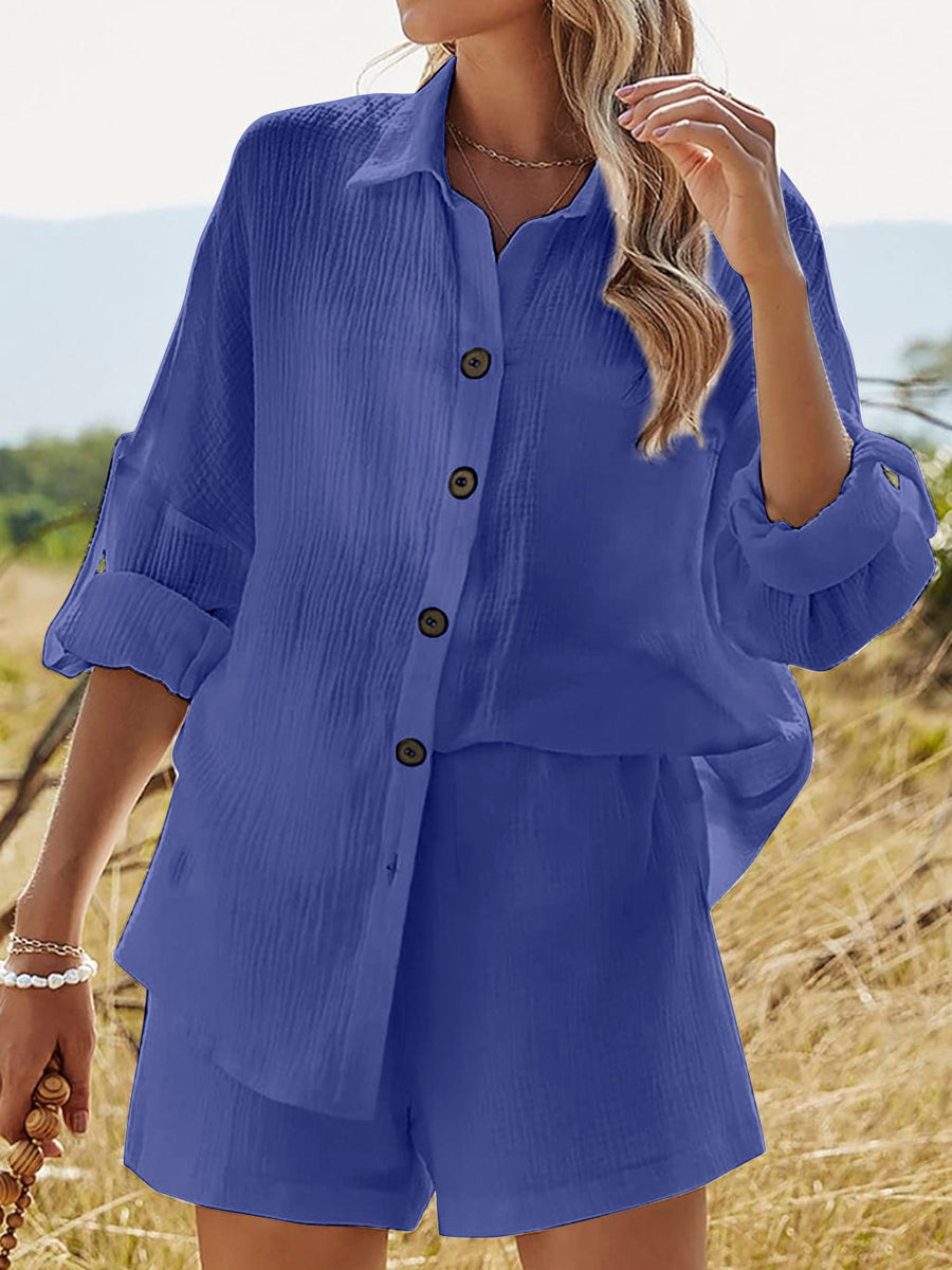 Texture Button Up Shirt and Shorts Set Light Indigo