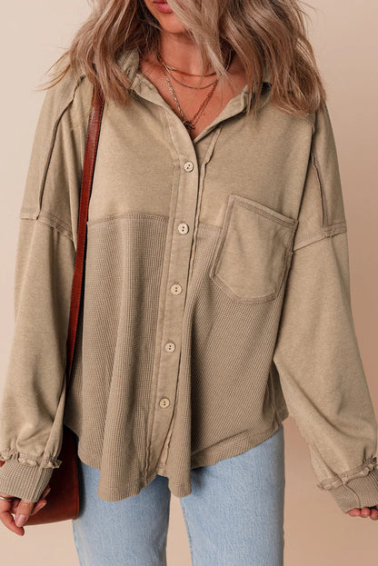 Waffle-Knit Collared Neck Long Sleeve Shacket Tan