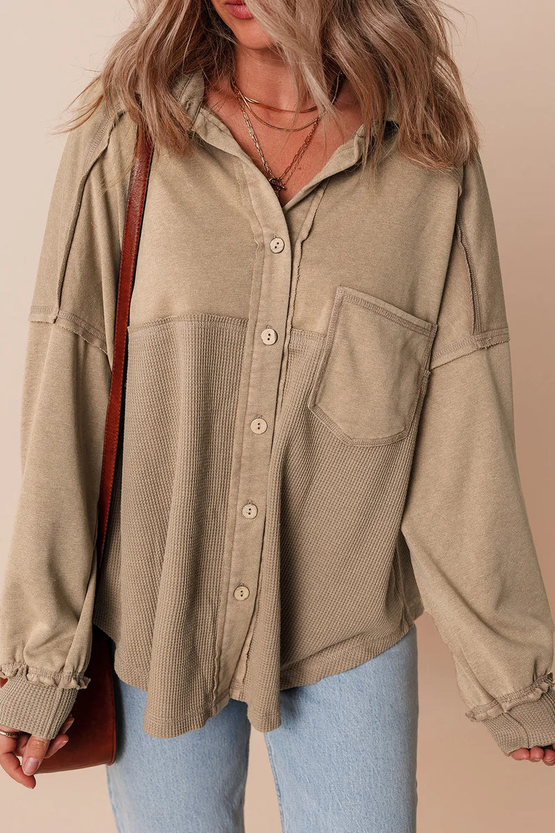 Waffle-Knit Collared Neck Long Sleeve Shacket Tan