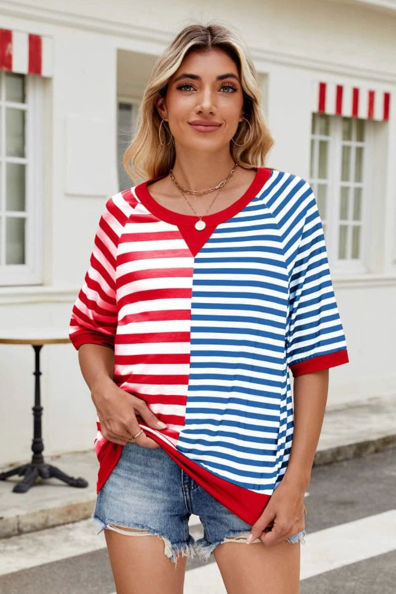 Striped Round Neck Half Sleeve T-Shirt Red Blue