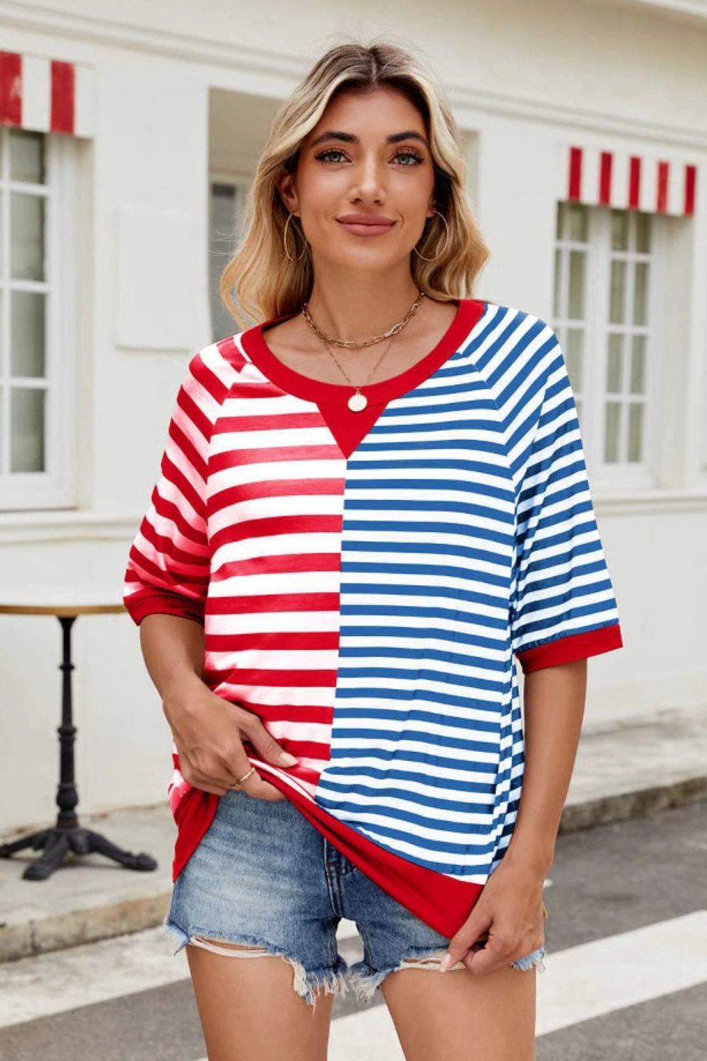 Striped Round Neck Half Sleeve T-Shirt Red Blue
