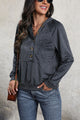 Perfee Printed Half Button Long Sleeve Hoodie Dark Blue