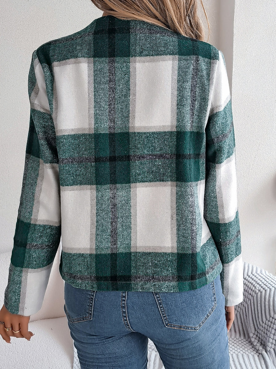 Plaid Open Front Long Sleeve Jacket Dark Green