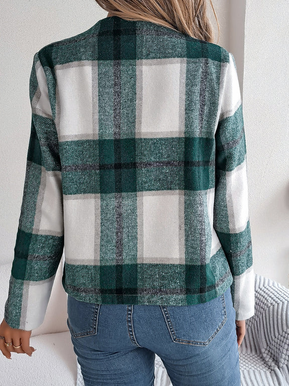 Plaid Open Front Long Sleeve Jacket Dark Green