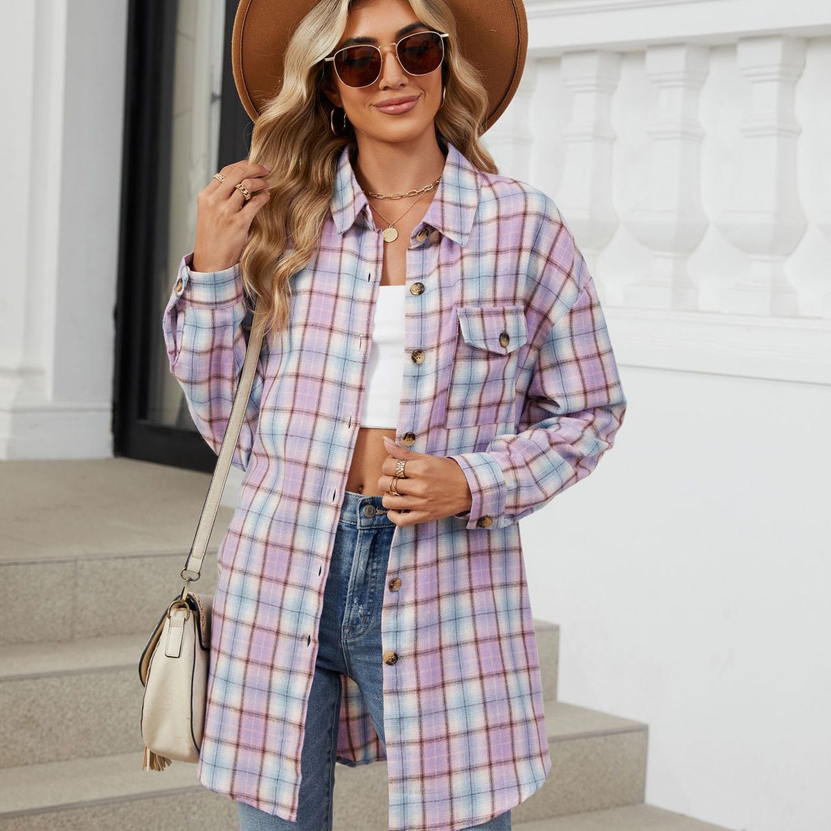Plaid Collared Neck Long Sleeve Shirt Pink Purple