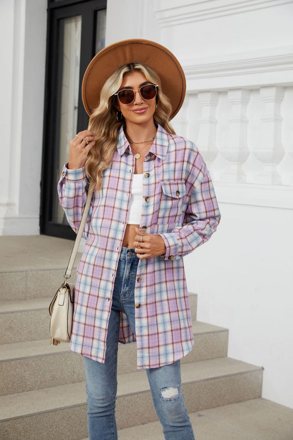 Plaid Collared Neck Long Sleeve Shirt Pink Purple