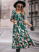 Printed Smocked V-Neck Three-Quarter Sleeve Midi Dress Mid Green