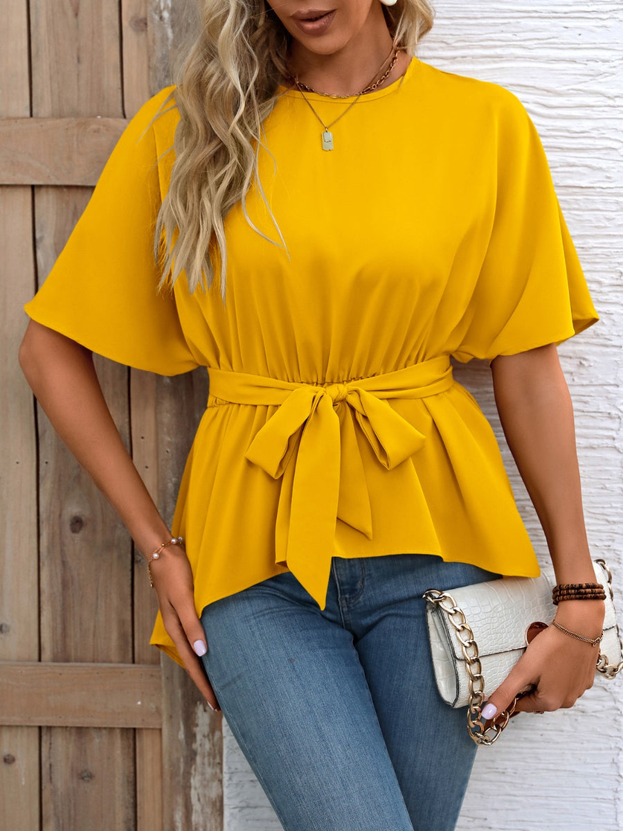 Ivy Lane Tied Round Neck Half Sleeve Blouse Gold