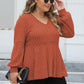 Plus Size Ribbed V-Neck Long Sleeve Blouse